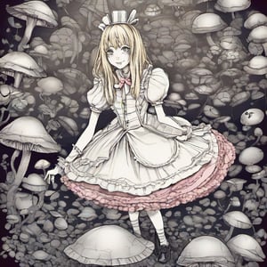 Alice in Wonderland, 1  woman ,  blondestraight hairserious stockingsit while floating in the airshadowdarkpokerscastle Detailed  Gothic Dreamlike Fantasymanga  line art flat  gradient by sui ishida