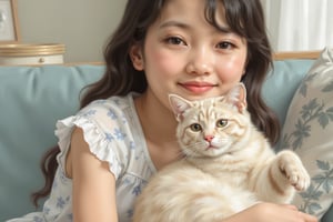 Oil painting. Create a close-up portrait of a smiling Asian young woman, holding or sitting next to her beloved cat. The woman wearing a classic summer dress, has a warm, gentle smile on her face as she looks at the camera. Her cat, a cute and fluffy companion, either rests in her arms or sits beside her, gazing up with calm eyes. The background should be softly blurred to keep the focus on the girl and her cat, with natural lighting that highlights their bond. The overall tone of the portrait is bright, heartwarming, and serene, capturing the joy and affection between the girl and her pet.