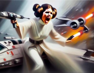 Abstract Oil Paiting. Princess Leia Piloting X-wing fighter during a battle, she is shouting angrily.,MoDernart