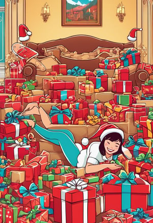 Woman wearing Santa hat, laying down on her back in a giant pile of presents, in a mansion