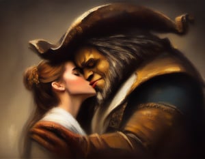 Oil painting of Emma Watson as Beauty kissing the Beast, art by Rembrandt  r3mbr4ndt