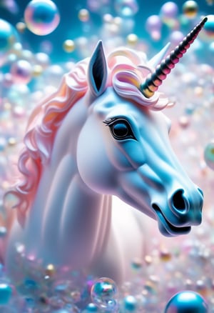 made of bath foam and soap bubbles, photograph capturing a unicorn, with sharp focus, vibrant colors, strong film grain, cinematic lighting