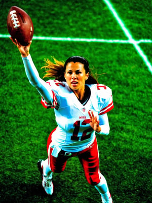 Overhead shot. Closeup of female quarterback throwing a football, showing midriff. 