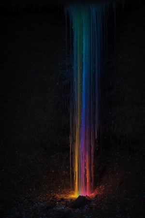 A waterfall of rainbow-colored bioluminescence particles that fall into the ground, dissolving into pixels.