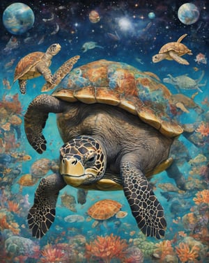 a gigantic turtle swimming through space. On the turtle’s back are elephants standing . Supported on the elephants’ backs is a large, intricate, flat world with visible oceans and continents,none