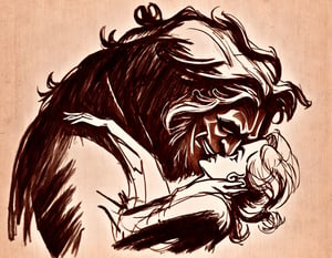 r3mbr4ndt, A dark drawing of Emma Watson as Beauty, Kissing The Beast  from the movie "Beauty and the Beast"