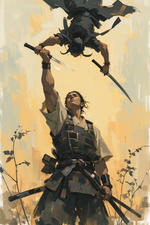 sketch painting. A shot from the ground up. A Samurai lifting his head upward. Above him, a female ninja is attacking. She holds a short dagger, The scene is illuminated by the soft glow of the setting sun