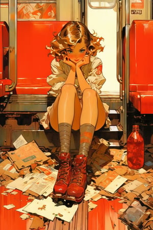 anime artwork, Girl, sitting on train, red interior, rust, garbage on the floor, broken bottles, art by J.C. Leyendecker . anime style, key visual, vibrant, studio anime, highly detailed
