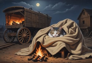 Oil painting. sleeping cat, napping under a blanket, eyes closed, night scene, beside a bonfire and an abandoned wagon, old west