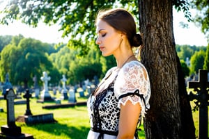 Photo. Profile of a Ukrainian woman in a lace summer dress. She is standing beside a tree with her eyes closed, facing the morning sun. The background is a cemetery.
BREAK
Picture of a Ukrainian woman in a lace summer dress, in profile. She is beside a tree, eyes closed, basking in the morning sun. A cemetery is in the background.
BREAK
Image of a Ukrainian woman wearing a lace summer dress. In profile, she faces the morning sun with eyes closed, next to a tree. The background reveals a cemetery.
BREAK
Snapshot of a Ukrainian woman in a lace summer dress, shown in profile. She stands by a tree, eyes closed, soaking in the morning sun, with a cemetery behind her.
BREAK
Photograph of a Ukrainian woman in a lace summer dress, profile view. She is near a tree, eyes closed, facing the morning sun. The background features a cemetery.