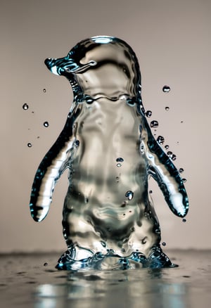 Photo of a glass penguin bear made of water, pool of water, transparent, crying in the dessert