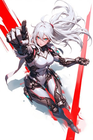 Sketch painting. Anime style. Overhead shot of a cybernetic woman punching downward with her fist.  She has long white hair flowing behind her. She is equipped with intricate, robotic armor and mechanical enhancements, particularly on her very muscular cybernetic arms. The character has glowing, intense blue eyes, and her expression is focused and determined as she leaps forward in a powerful action pose. The armor is detailed with a white and black color scheme, adorned with red accents and industrial-like patterns. The background is minimalist with a striking red stripe and white backdrop, giving the image a sleek, sci-fi aesthetic. The overall style is high-tech, cyberpunk, and action-packed, with influences of mecha and futuristic design.