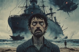 Closeup of a frightened man, eyes wide open, the narrator of War of the World, standing offcenter at the beach. Background is the tiny steamship Ironclad warship HMS Thunder Child firing at a gigantic Martian Tripod