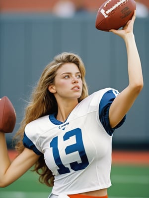 Dutch angle. Photo, Closeup of female quarterback throwing a football, showing midriff. Canon 5d mark 4, Kodak ektar, style by J.C. Leyendecker