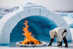 Photo of an inuit looking at a burning Igloo made of water and ice, melting, pool of water on ice,