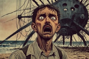 Closeup of a frightened man, eyes wide open, the narrator of War of the World, standing at the beach. Background a Enormous Martian Tripod Machine, 1892