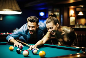 Closeup of a happy couple shooting pool at a local bar. Canon 5d Mark 4, Kodak Ektar, 35mm. Fine art photography, iconic, dynamic angle, dynamic pose, macro, photograph, sharp, focussed, Lomography Color 100, F/14, World-renowned, (designed by Olivier Valsecchi:1.2), beautiful detailed supreme quality color intricate, extremely stylish, deep aesthetic, sharp focus, magnificent, dynamic dramatic composition