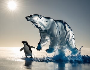 Photo of a polar bear chasing a penguin running across blue polar ice cap, made of water, dripping waterdrops, over bright sun