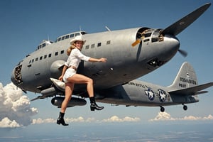 A cowgirl in white short shorts and fedora, riding a massive nuclear bomb as it is being dropped from a vintage bomber plane. 