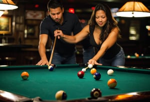 Photo. Closeup of a couple shooting pool at a local bar.