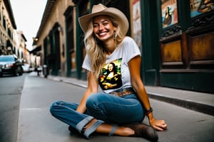 Candid Street photo. Shot from the ground up of a happy blonde woman, cowboy hat, natural relaxed pose, sitting on the pavement, wearing a T-Shirt with Mona Lisa. Style by J.C. Leyendecker. Canon 5d Mark 4, Kodak Ektar, 35mm
BREAK
Candid street photography. Shot from the ground a cheerful blonde woman, cowboy hat, sitting casually on the pavement in a relaxed pose, wearing a T-shirt featuring the Mona Lisa.
BREAK
Casual street scene. A happy blonde woman captured from ground, cowboy hat, sitting naturally on the pavement in a T-shirt adorned with the Mona Lisa, exuding a relaxed vibe.
BREAK
Street candid shot. A blonde woman in cowboy hat Shot from the ground, sitting comfortably on the pavement, radiating happiness in a Mona Lisa T-shirt.
BREAK
Candid street photo. shot from below A cheerful blonde woman, cowboy hat, sitting on the pavement in a natural, relaxed manner, wearing a T-shirt with the Mona Lisa on it.BREAKUrban candid photo. Below angle of a happy blonde woman, cowboy hat, sitting relaxed on the pavement, sporting a T-shirt with a Mona Lisa print.