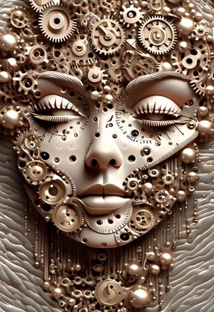 Surrealist art, A woman's face is open zipper, clocks and intricate gears inside the face. 3 d fluid simulation render,  3d grainy aesthetic illustration,  ultra realistic 3d illustration,  smartphone,  highly detailed 3 d render,  highly detailed 3d render,  full hd render,  surreal 3 