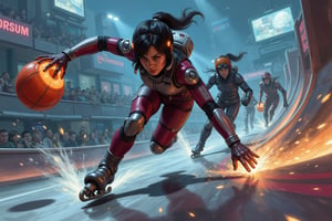 Oil painting. Battle Angel Alita competing in a high-speed Motorball game, similar to Rollerball. Alita, wearing her iconic sleek cyborg armor and padded helmet, races through the winding rollercoaster like Motorball track on rollerblades, gripping the glowing basketball like gadget in one hand. The arena is a high-tech, metallic environment with neon lights, massive crowds, and a gritty, industrial vibe. In the background, other cybernetic players chase after her, each equipped with various mechanical enhancements designed for speed and combat. Sparks fly from Alita's blades as she speeds around a sharp curve, with the atmosphere of the scene reflecting the intensity, competition, and danger of the Motorball game. The overall aesthetic is bold, dynamic, and futuristic, with a mix of cyberpunk elements and action-packed energy 