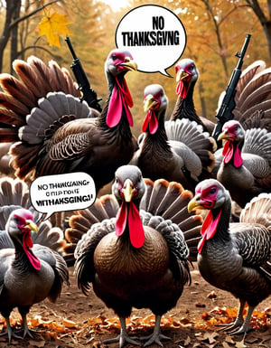 "No Thanksgiving" TEXT LOGO. Photo of Group of Turkeys holdingwith guns. Comic strip speech bubble "No Thanksgiving"