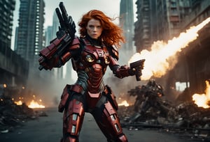 A cinematic film still of a woman with wavy permed red hair in apowered armor suit, shooting at giant black mecha. 

The heroine's armor is adorned with intricate designs and a retractable shroud, revealing her determination and strength. The background is a dystopian cityscape, with buildings crumbling and people caught in the crossfire. Canon 5d Mark 4, Kodak Ektar, 35mm 