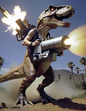 H4ck3rm4n,  hackerman riding a T-rex, firing gatling gun