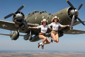 A cowgirl in white short shorts and fedora, riding a massive nuclear bomb as it is being dropped from a vintage bomber plane. The cowgirl holds onto the bomb with a determined expression, her hair flowing in the wind. The bomber plane is shown in the background, with its engines roaring and propellers spinning. 