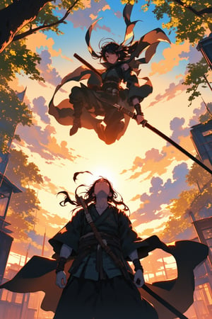 Anime style. A shot from the ground up. A Samurai lifting his head upward. Above him, a female ninja is attacking. She holds a long katana, The scene is illuminated by the soft glow of the setting sun