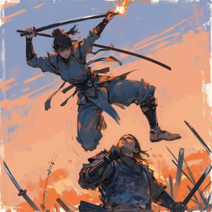 sketch painting. A shot from the ground up. A Samurai lifting his head upward. Above him, a female ninja is attacking. She holds a short dagger, The scene is illuminated by the soft glow of the setting sun