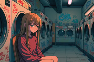 Anime style illustration of a girl with long, straight hair waiting for her laundry at a laundromat. She is sitting on a chair, leaning against a wall adorned with colorful graffiti. Her face expresses weariness and boredom. The laundromat's atmosphere is filled with a mix of warm and artificial light, reflecting off the row of washing machines in the background. The overall scene presents a relatable, everyday moment of quiet contemplation and leisurely waiting.