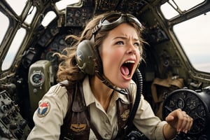 Photo,  Female pilot,  screaming,  inside cockpit,  ww2,  canon 5d mark 4, Kodak ektar, style by Masamune Shirow, style by J.C. Leyendecker