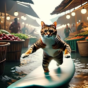 Cinematic still of cat,  scared, surfing on top of a fish,  running away in a market,none