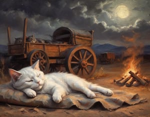 Oil painting. sleeping cat, napping under a blanket, eyes closed, night scene, beside a bonfire and an abandoned wagon, old west,painting