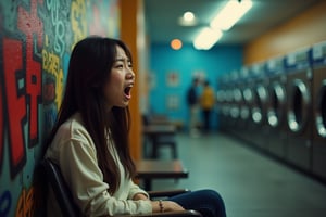 A candid snapshot of a young Asian woman with long, straight hair waiting for her laundry at a laundromat. She is sitting on a chair, leaning against a wall adorned with colorful graffiti. Her face expresses weariness and boredom, highlighted by her yawn. The laundromat's atmosphere is filled with a mix of warm and artificial light, reflecting off the row of washing machines in the background. The overall scene presents a relatable, everyday moment of quiet contemplation and leisurely waiting.