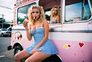  Dutch Angle. Closeup photo of a blonde woman, wavy permed hair, wearing mini dress, sitting astride, beside an ice cream truck. Style by Masamune Shirow. Canon 5d Mark 4, Kodak Ektar, 35mm 