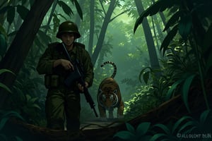 Anime style. Create a tense jungle scene set in Vietnam, featuring a dense, lush environment with thick foliage, tall trees, and tropical plants. We see the close up face of an American Marine, showing fear in his face, is cautiously walking towards the viewer, holding a rifle in a ready position. He is dressed in camouflage fatigues and a helmet, blending into the surroundings. Unbeknownst to him, a distance away, a stealthy tiger is following closely behind, partially obscured by the foliage. The tiger's eyes are fixed on the soldier, adding a sense of impending danger to the scene. The overall atmosphere should be one of suspense, with the jungle's dense greenery and shadows heightening the tension.,lyh