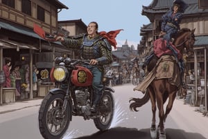 Anime style. A race between a Samurai on a motorcycle with a man on a horse. Close up of a Japanese man dressed as a samurai riding a motorcycle across a busy street in Kyoto, set in the year 1800. The samurai, laughing while looking upward, is wearing traditional armor, has his katana sheathed at his side as he speeds through the bustling market street, filled with merchants, pedestrians, and wooden stalls. The horse rider looks at the samurai in astonishment.