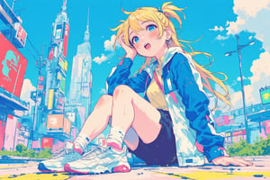 Sketch painting. lyh_niji. anime style. 1girl. A vibrant anime-style illustration of a young blonde woman sitting on the ground in a futuristic cityscape. She wears a blue and white windbreaker and white sneakers with pink accents. Her wide blue eyes are filled with wonder, and her cheeks are flushed, suggesting excitement or surprise. The wind gently tousles her hair as futuristic skyscrapers and neon signs fill the background, all under a bright blue sky with fluffy clouds. The setting conveys a sense of adventure in a modern, high-tech urban environment, with bold, clean lines and pastel colors adding a soft yet dynamic feel.