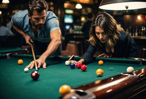 Overhead shot. Closeup photo of a couple shooting pool at a local bar. Canon 5d Mark 4, Kodak Ektar, 35mm. Fine art photography, iconic, dynamic angle, dynamic pose, macro, photograph, sharp, focussed, Lomography Color 100, F/14, World-renowned, (designed by Olivier Valsecchi:1.2), beautiful detailed supreme quality color intricate, extremely stylish, deep aesthetic, sharp focus, magnificent, dynamic dramatic composition