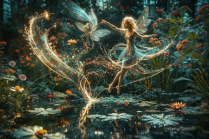 Close up photo of a ((water fairy)) gliding over a pond in a garden, reflections in the water, night scene. n the style of double exposure, Art Nouveau, long exposure, layered lines, chiaroscuro, the best quality, masterpiece, absurdres, Long_Exposure ral-exposure, i 