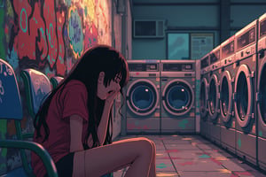 Anime style illustration of a girl with long black hair waiting for her laundry at a laundromat. She is sitting on a chair, leaning against a wall adorned with colorful graffiti. She is yawning and her face expresses weariness and boredom. The laundromat's atmosphere is filled with a mix of warm and artificial light, reflecting off the row of washing machines in the background. The overall scene presents a relatable, everyday moment of quiet contemplation and leisurely waiting.