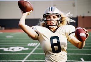 Photo, Closeup blonde female quarterback throwing a football, midrift. Canon 5d mark 4, Kodak ektar, style by J.C. Leyendecker