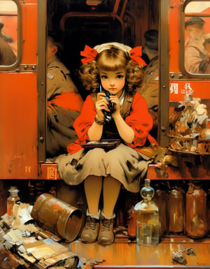 Oil Painting, Anime. Girl holding a phone, sitting on train,  red interior, rust, garbage on the floor, broken bottles, r3mbr4ndt, art by Rembrandt, art by J.C. Leyendecker
