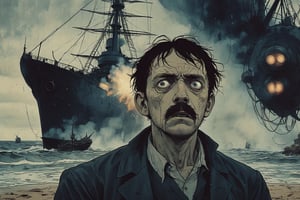 Closeup of a frightened man, eyes wide open, the narrator of War of the World, standing at the beach. Background is the steamship Ironclad warship HMS Thunder Child firing at a Martian Tripod, 1892