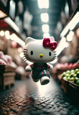 Cinematic still of Hello Kitty holding fish with paws, running away in a market. . Shallow depth of field, vignette, highly detailed, high budget, bokeh, Cinemascope, moody, epic, gorgeous, film grain, grainy