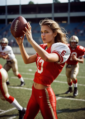 Photo, Closeup female quarterback throwing a football, midriff. Canon 5d mark 4, Kodak ektar, style by J.C. Leyendecker